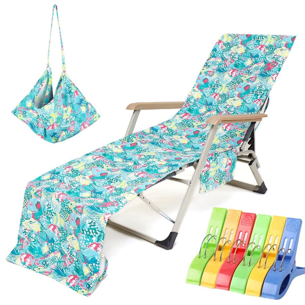 Chaise Lounge Cover with Pockets and Clips for Beach, Pool. Beach towel